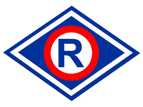 Symbol graficzny w kształcie rombu z wpisaną literą R.