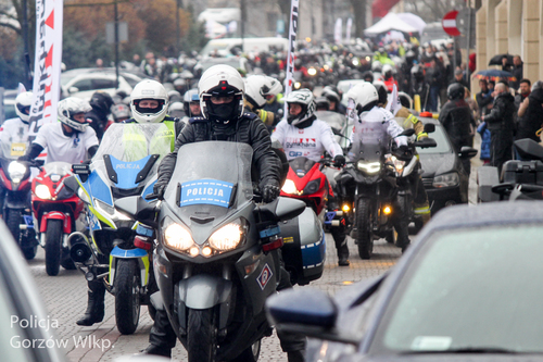 Dwaj policyjni motocykliści na czele parady motocykli.