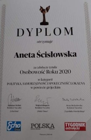Dyplom asp. Anety Ścisłowskiej, który odebrała za Osobowość Roku w kategorii Polityka, Samorządność i Społeczność Lokalna w powiecie grójeckim