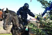 Policjanta z patrolu konnego zawiesza na choince elementy odblaskowe