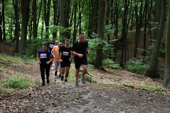 Kobiety i mężczyźni biegną leśną trasą