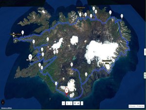 mapa Islandii wraz z wyznaczoną trasą