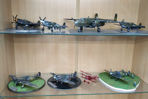 Modele samolotów wykonane przez sierż. szt. Rafała Szymborskiego i ustawione na półkach regału