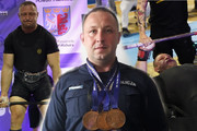 Zdjęcie policjanta z medalami oraz zdjęcia z zawodów