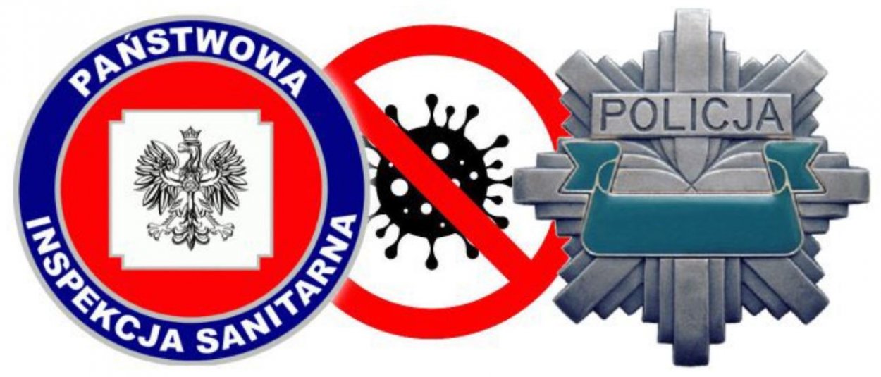 Zdjęcie kolorowe. Obok siebie od lewej: logo Państwowa Inspekcja Sanitarna, przekreślona grafika przedstawiająca wirus, logo Policji tzw. gwiazda
