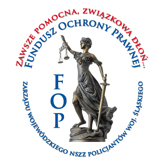 Logo z napisem Zawsze pomocna związkowa dłoń... Funduz Ochrony Prawnej FOP Zarządu Wojewódzkiego  NSZZ Policjantów woj. śląskiego