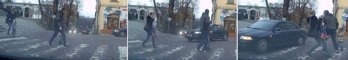 Widoczne kadry z filmu, na których widać moment przechodzenia przez przejście dla pieszych przez rodzinę oraz wjazd samochodu, przed którym uskoczyła matka z dzieckiem