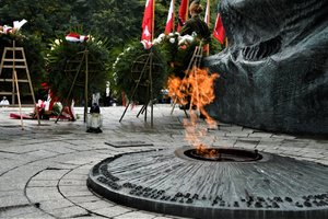 Symboliczny ogień palący się przy Pomniku Powstańców Śląskich oraz stojący w oddali znicz i złożone wieńce