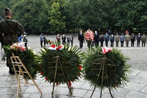 Złożone wieńce oraz kolejna delegacja zmierzająca z kwiatami w stronę pomnika