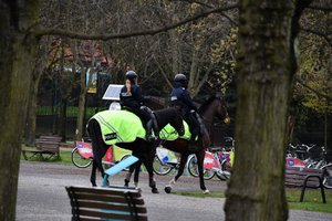 Policjanci na koniach patrolują park.