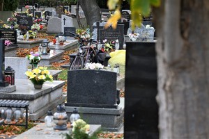 zdjęcie przedstawia zbliżenie na rower pozostawiony przy grobie