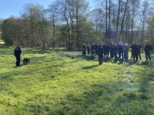 Zdjęcie. Widoczna grupa policjantów podczas szkolenia w terenie leśnym.