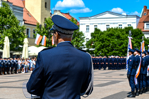 kolorowe zdjęcie przedstawiające Generała Policji, wykonane z tyłu, w tle stojący policjanci