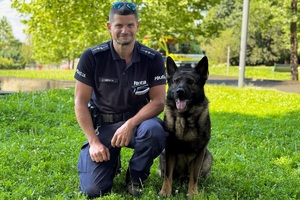kolorowe zdjęcie policjanta z owczarkiem niemieckim