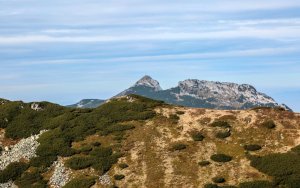 W szerokim planie z lotu ptaka kadr masywu górskiego w Tatrach Zachodnich z widocznym stalowym krzyżem na szczycie Giewontu. Szczyty wzgórz, będące na pierwszym planie, pokrywa zielona roślinność wysokogórska, przesłaniając widok pasma górskiego w tle.