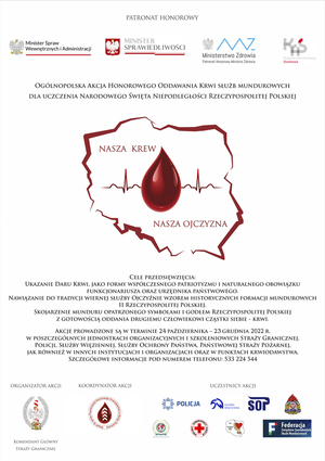 plakat promujący akcję - mapa Polski, kropla krwi, napis Nasza krew-Nasza Ojczyzna, informacje m.in. o akcji, organizatorze, patronach, uczestnikach