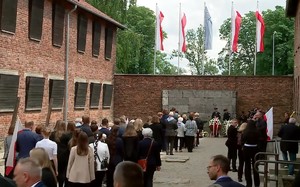 zabezpieczenie 83 rocznica Pierwszego transportu do Auschwitz 14.06.2023  (3) uczestnicy składają wieńce i znicze pod Ścianą Straceń