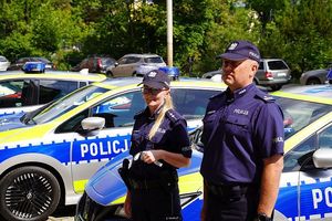 policjanci stojący na dworze przy oznakowanych radiowozach
