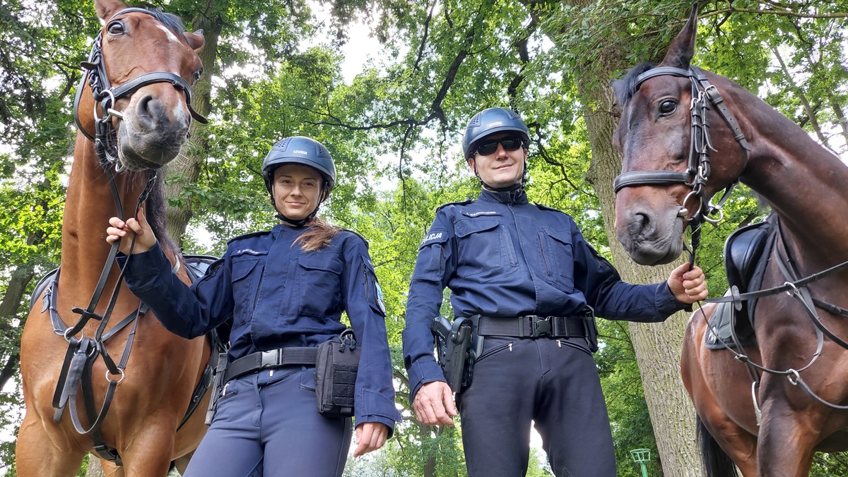 Policjanci i konie służbowe z patrolu konnego.