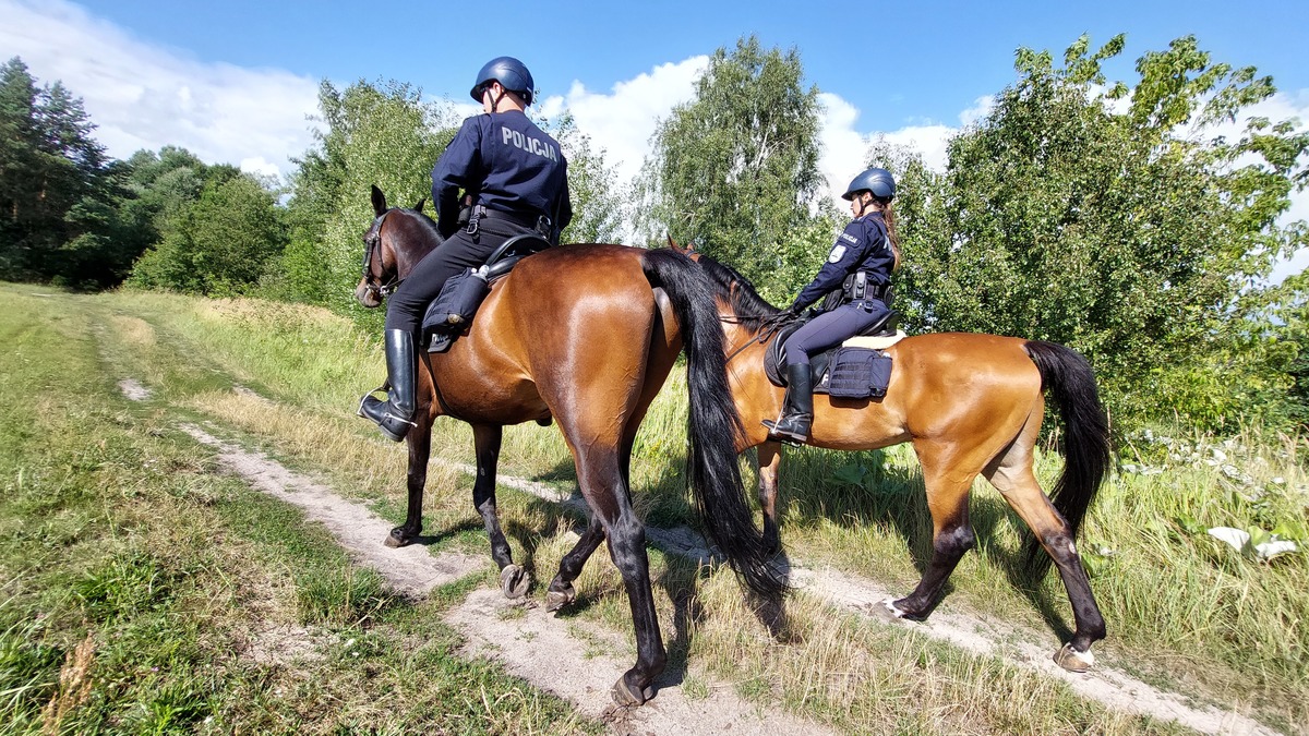 Policjanci na koniach podaczas patrolu.