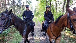 Funkcjonariusze patrolują obszary graniczne na koniach.