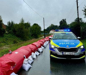 Zdjęcie przedstawia radiowóz, stojący przy wałach rzeki.