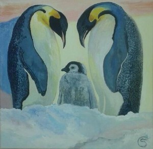 obraz - pingwiny stoją obok małego pingwinka