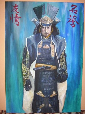 obraz - japoński wojownik w tradycyjnym stroju na niebieskim tle