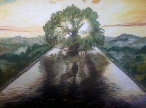 obraz - mężczyzna idzie w kierunku drzewa
