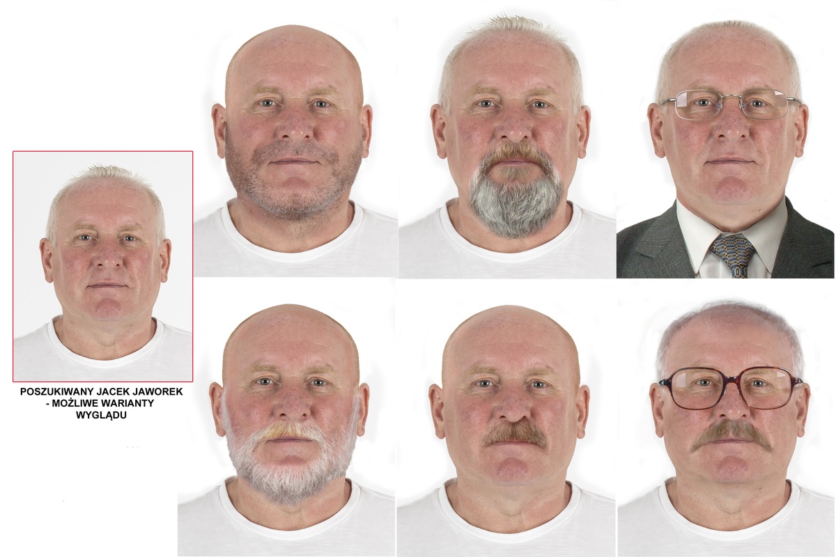 zdjęcie przedstawia 6 progresywnych portretów pamięciowych poszukiwanego Jacka Jaworka